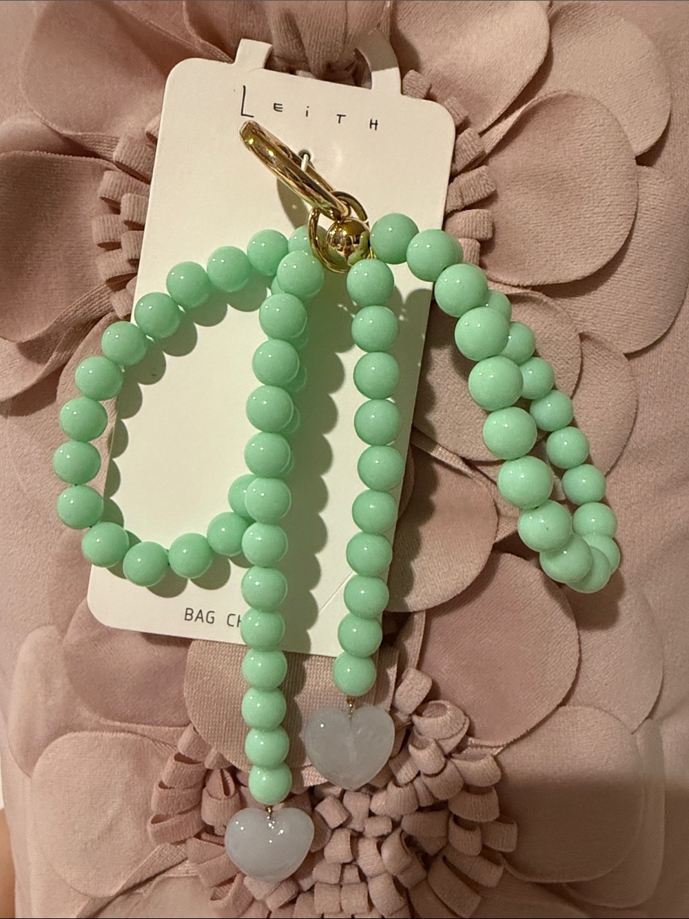 Leith Mint Green Beaded Heart Key & Bag Charm with Gold Hardware